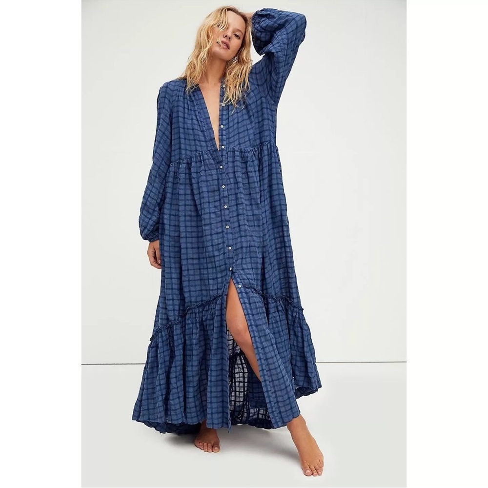 Free people Edie Blue Plaid Maxi Dress size M